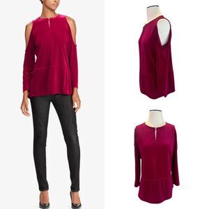 RALPH LAUREN Burgundy Velvet Cold Shoulder Long Sleeve Blouse Size‎ M Retail $89